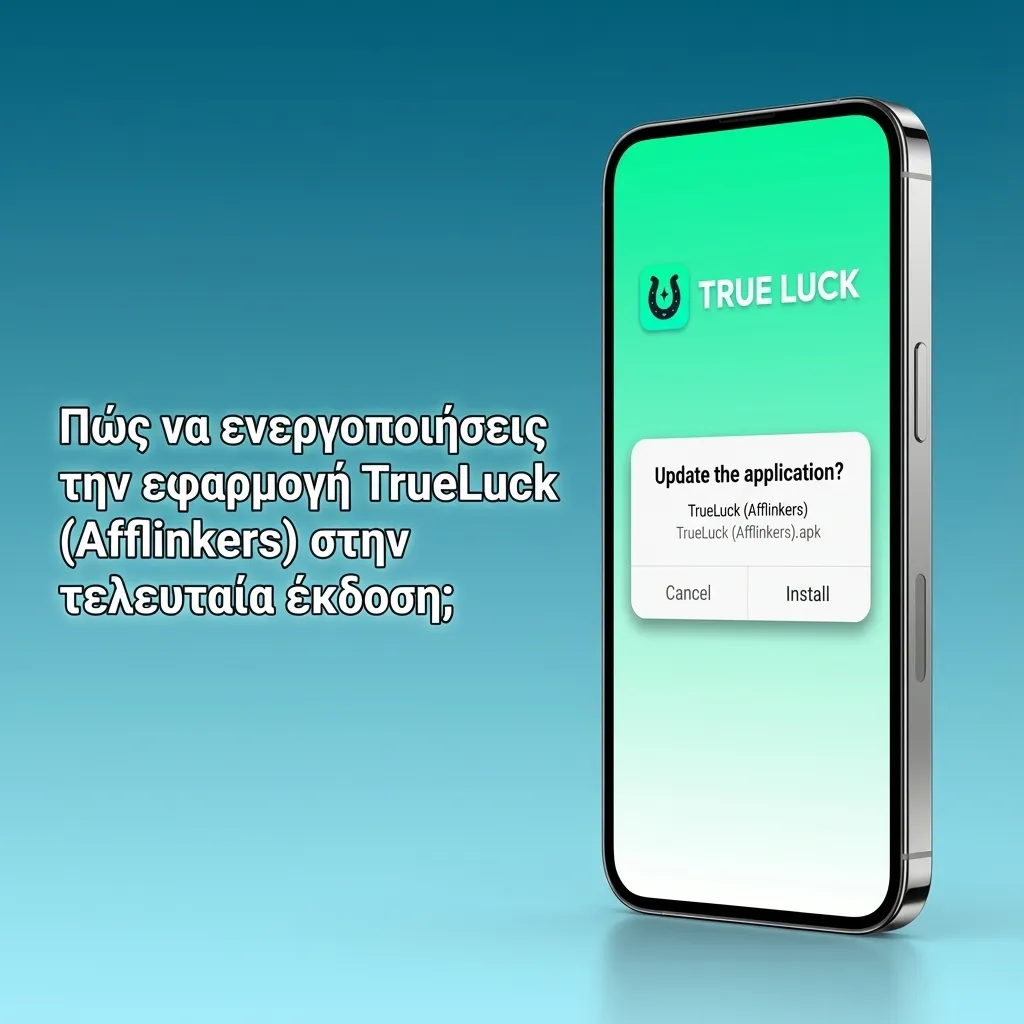 Οθόνη κινητού με την εφαρμογή TrueLuck Afflinkers και οδηγίες ενεργοποίησης σε Android και iOS στα ελληνικά