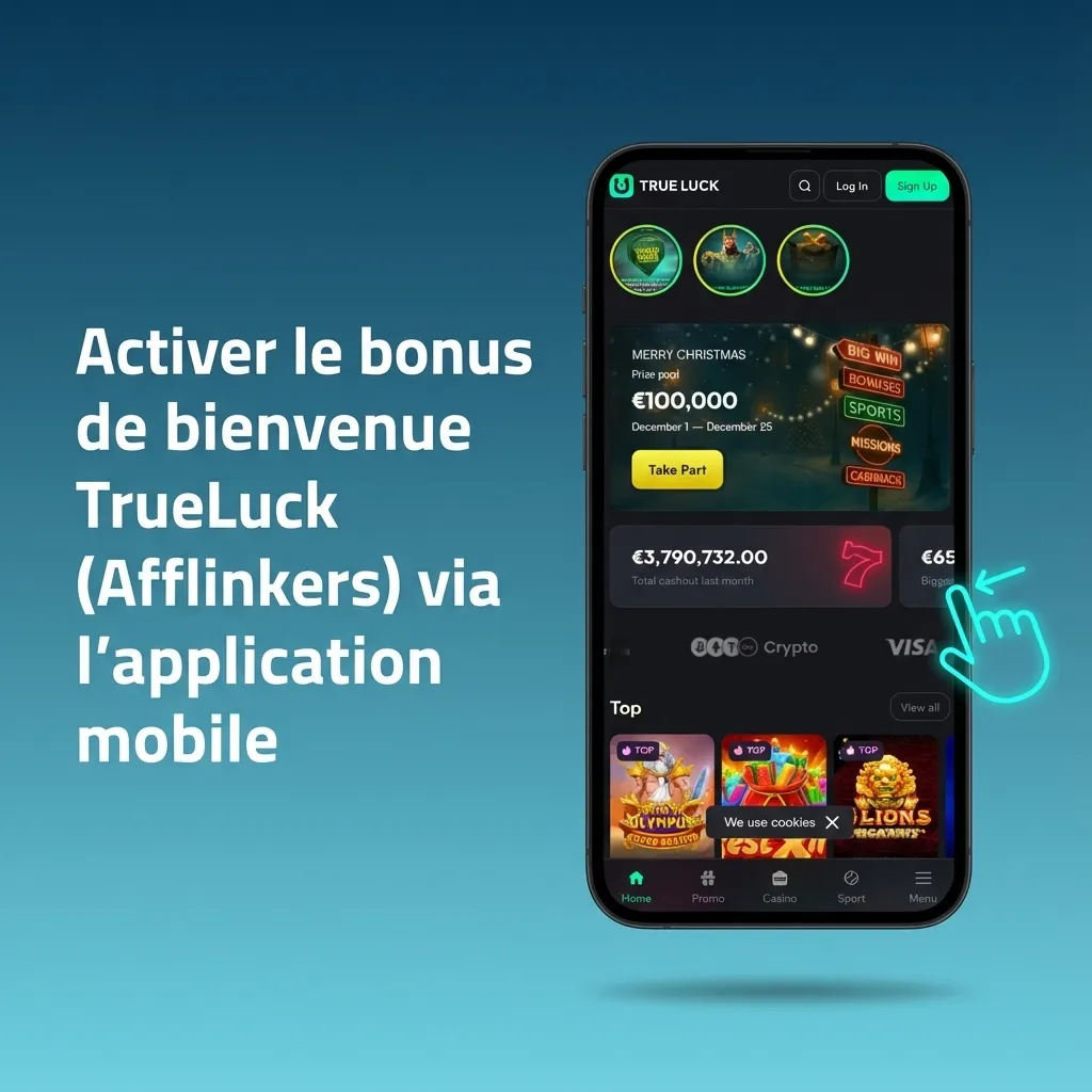Écran d’application mobile TrueLuck montrant la section Promotions pour activer un bonus de bienvenue après le premier dépôt