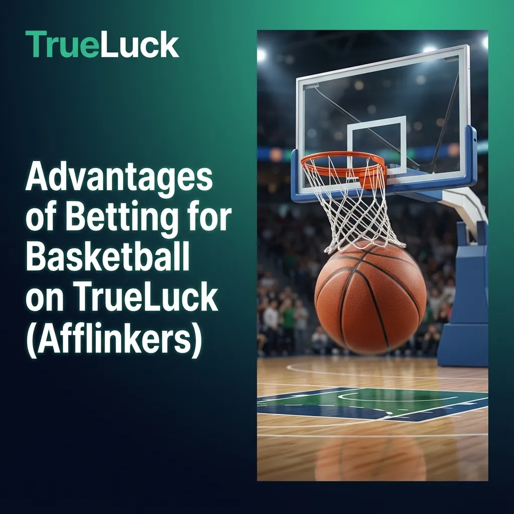 Infographic titled “Advantages of Betting for Basketball on TrueLuck” listing leagues, live odds, markets, cash‑out, and safety tools