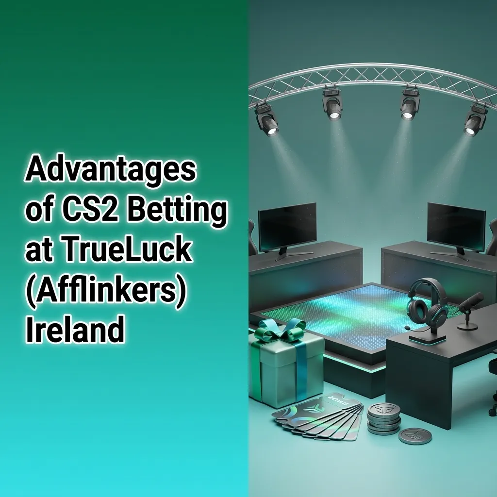 Graphic listing CS2 betting perks at TrueLuck Ireland: bonuses, EUR payments, fast payouts, 24/7 support, mobile app, strong odds