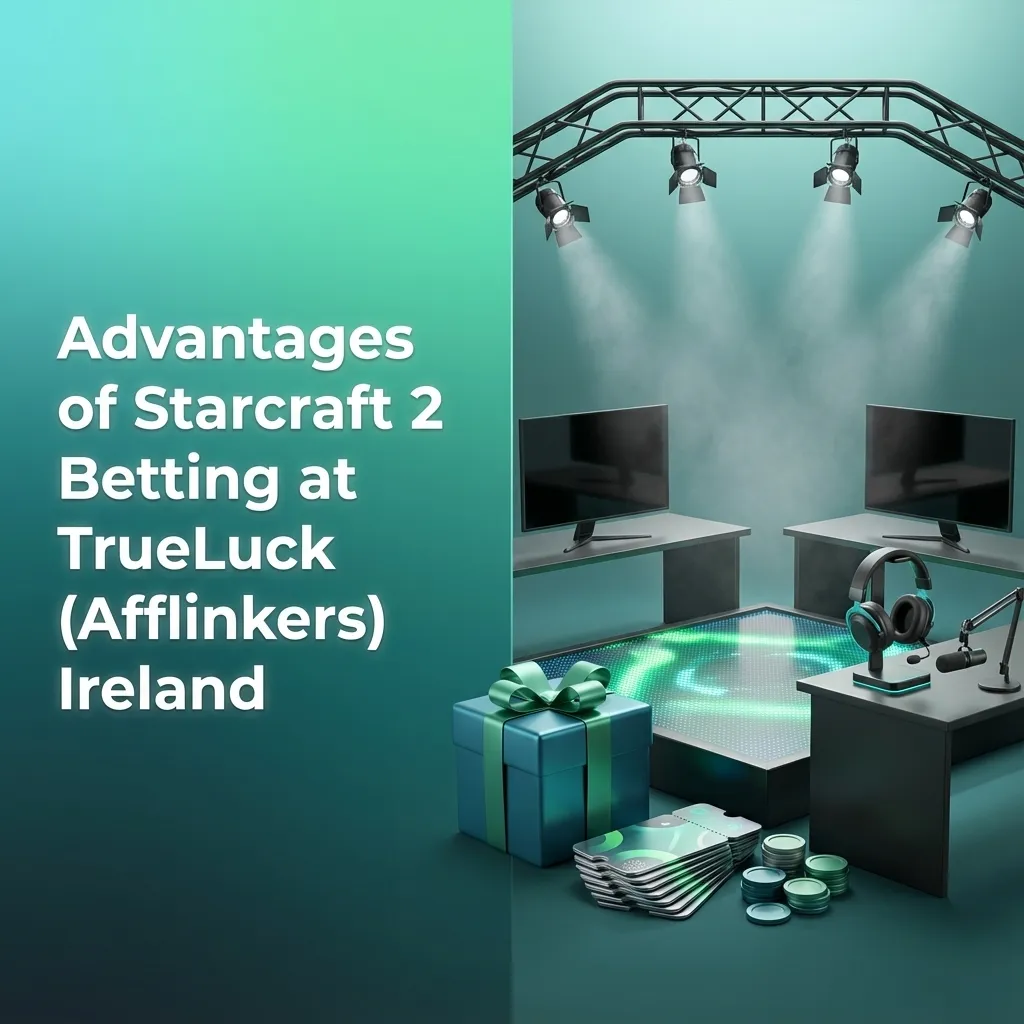 Graphic titled “Advantages of StarCraft 2 Betting at TrueLuck Ireland” with icons for bonuses, payments, mobile app, odds, and support