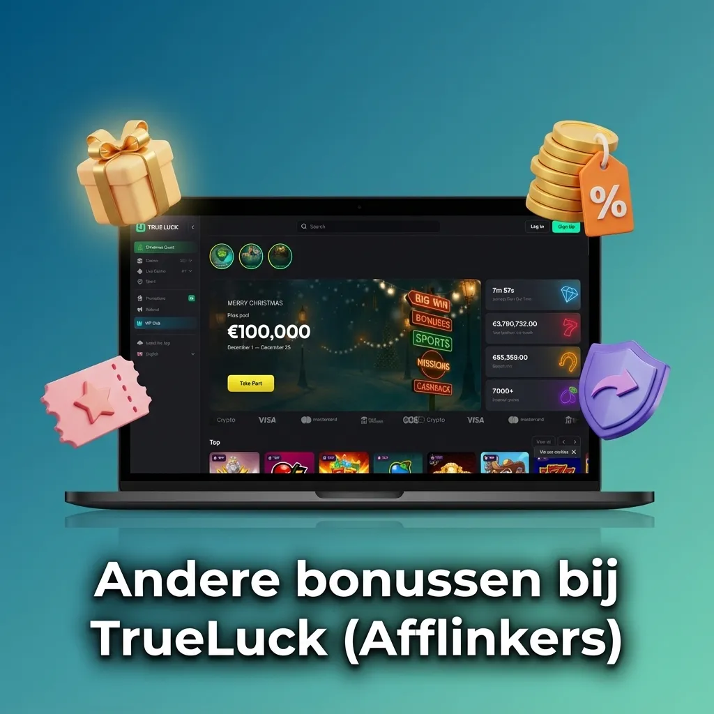 Illustratie van TrueLuck-bonussen: herlaadbonussen, gratis spins, free bets, cashback en casinotoernooien