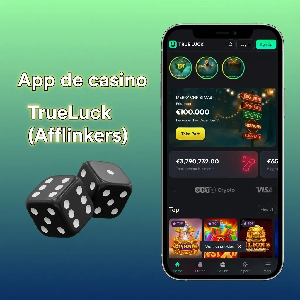 Pantalla de la app TrueLuck (Afflinkers) mostrando sección de casino con slots, ruleta, blackjack y promociones de bonos