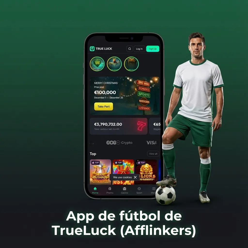 Móvil con app TrueLuck (Afflinkers) mostrando apuestas de fútbol en vivo, cuotas y saldo en pantalla