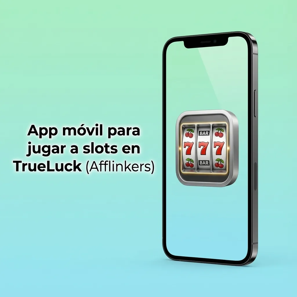 Móvil con app TrueLuck (Afflinkers) abierta mostrando lobby de tragamonedas y botones de jugar, depósito y ajustes.