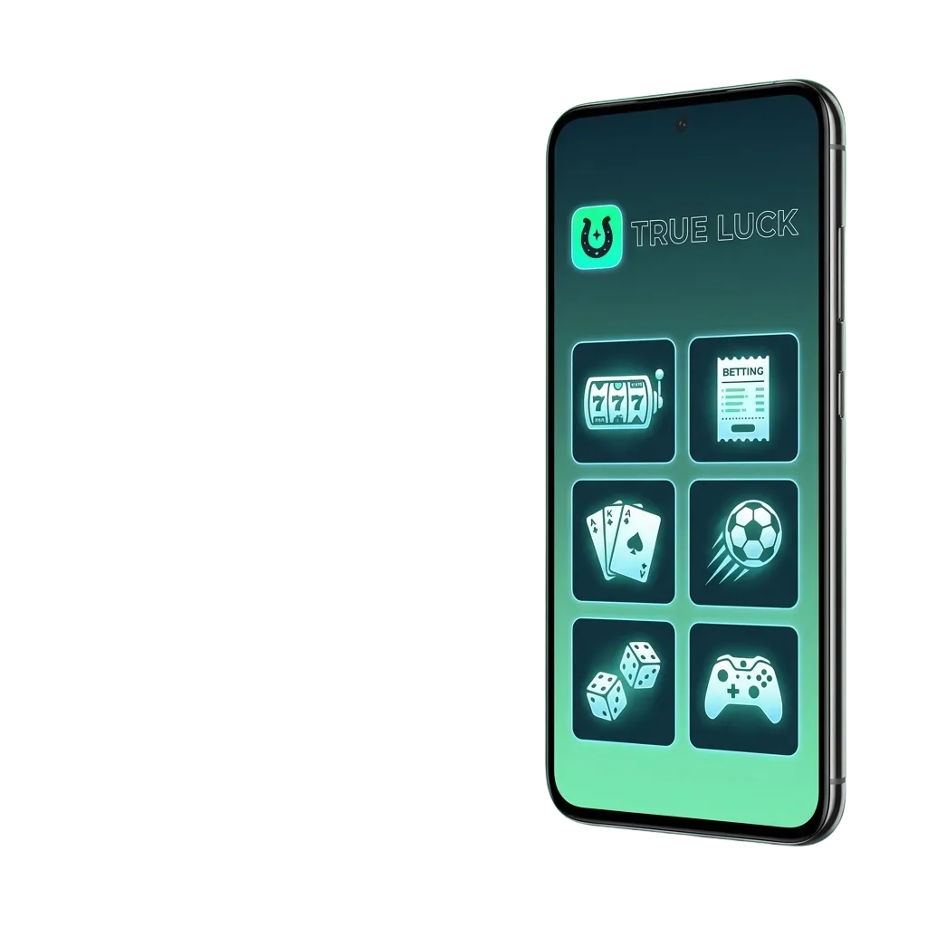 Móvil Android mostrando la app TrueLuck (Afflinkers) con apuestas deportivas, tragaperras y casino en vivo en pantalla.