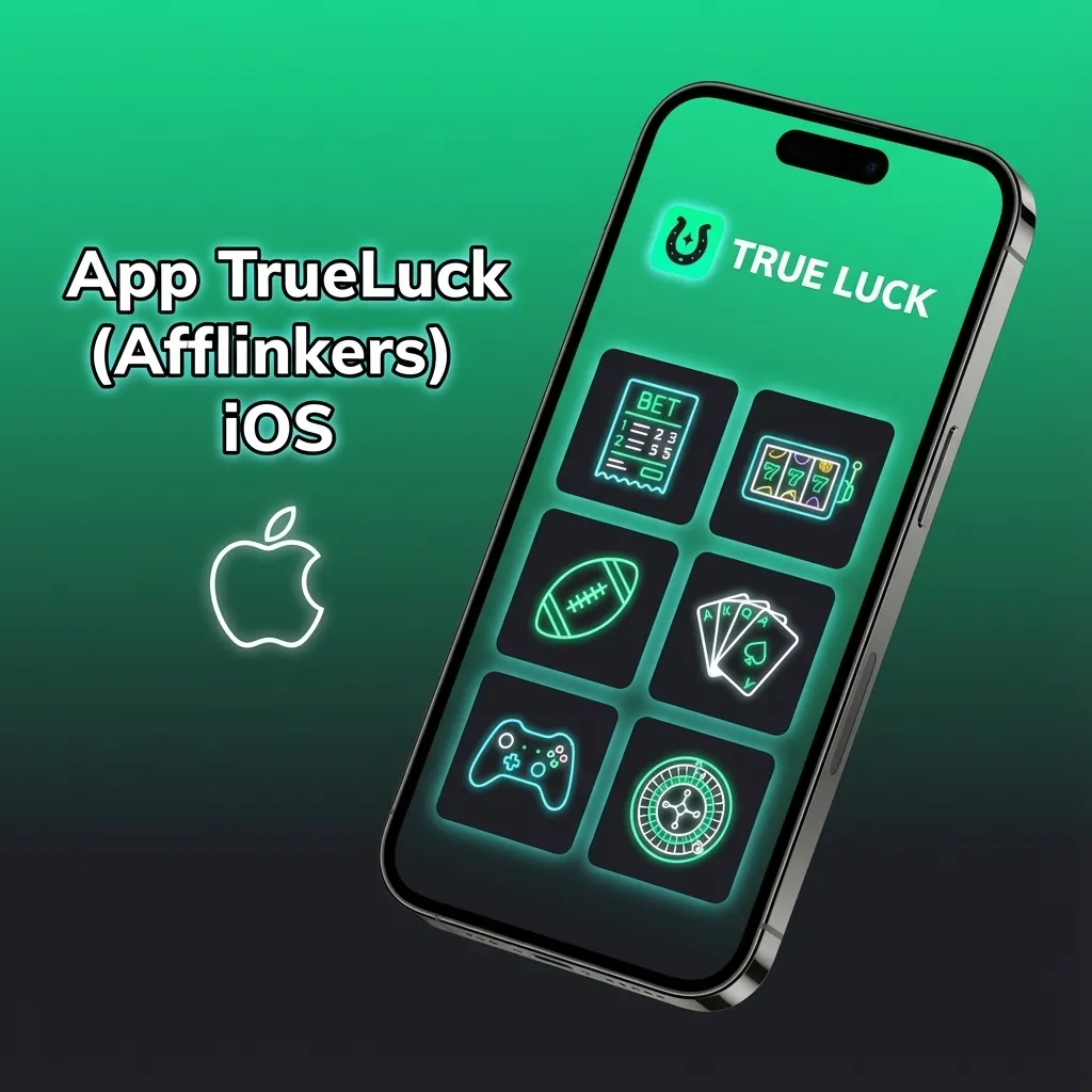 Pantalla de la app TrueLuck (Afflinkers) en un iPhone, mostrando opciones de apuestas, casino y gestión de cuenta en iOS