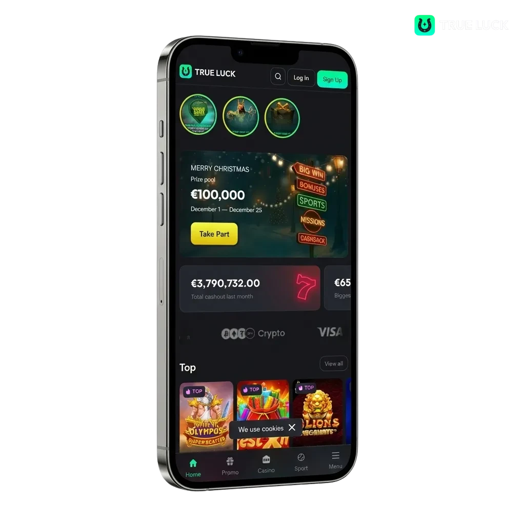 Pantalla de la app TrueLuck (Afflinkers) iOS con bonos de bienvenida y opciones de casino y apuestas deportivas en España
