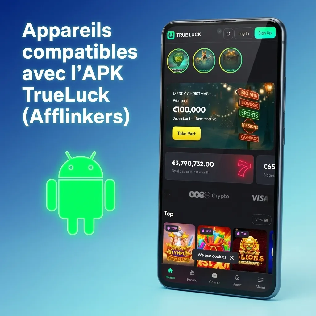 Tableau listant smartphones Android compatibles avec l’APK TrueLuck (Afflinkers) : Samsung, Sony, Huawei, OnePlus, Oppo, Google, etc.
