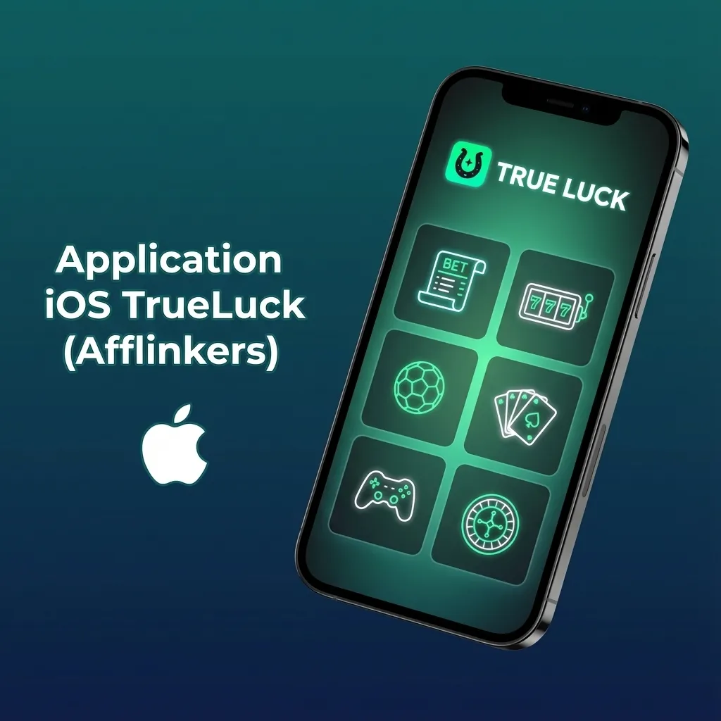 Écran d’accueil de l’app iOS TrueLuck (Afflinkers) sur iPhone, présentant paris sportifs, slots et jeux de casino