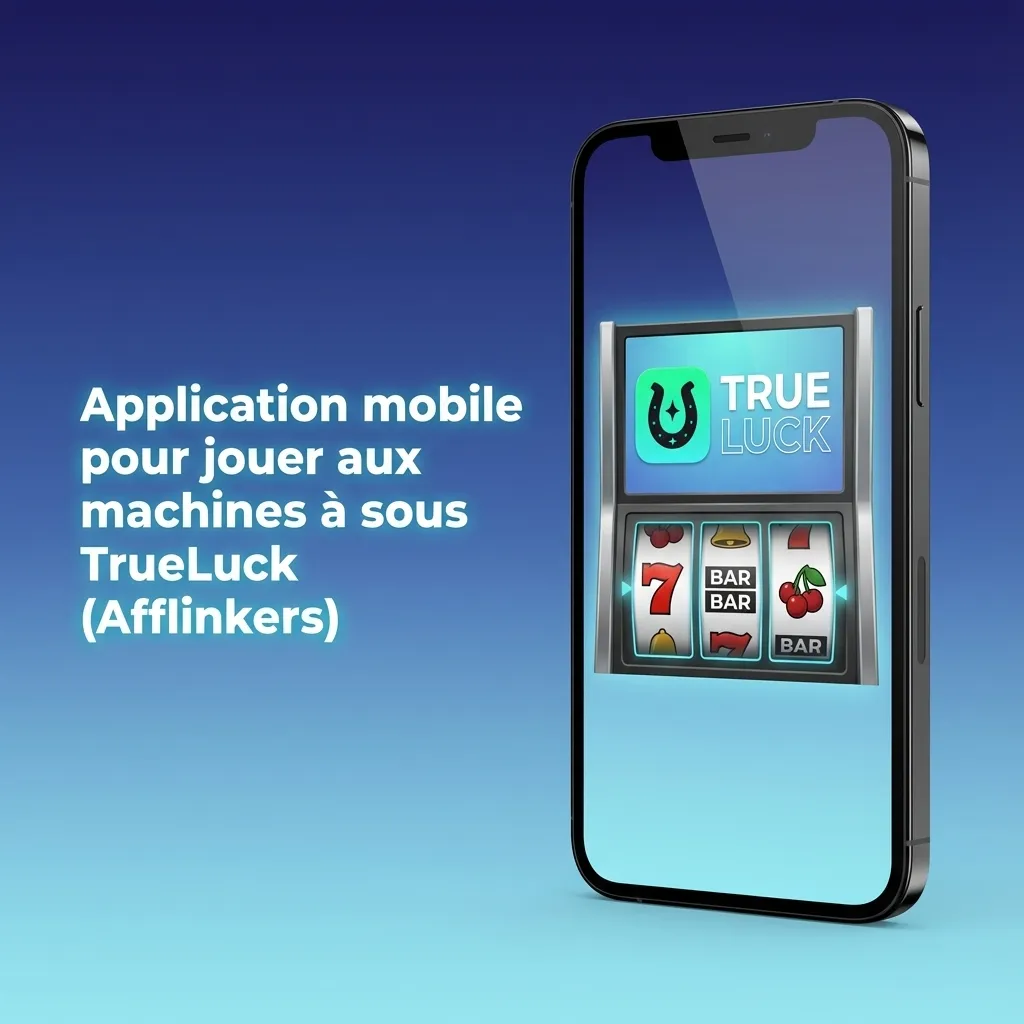 Smartphone affichant l’app TrueLuck (Afflinkers) avec lobby de machines à sous et boutons de mise et auto-play visibles