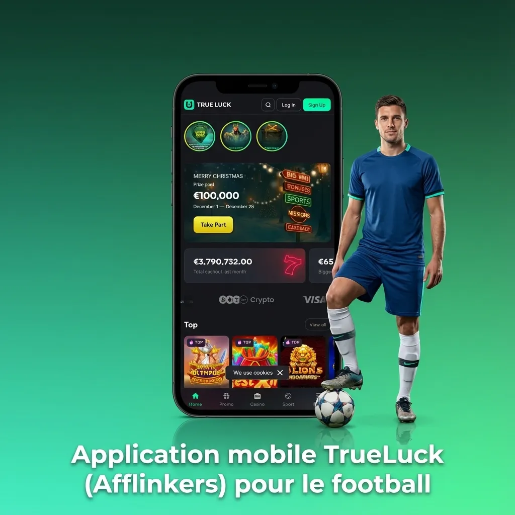 Smartphone affichant l’app TrueLuck (Afflinkers) de paris football, avec écran montrant matchs, cotes et options de mise.