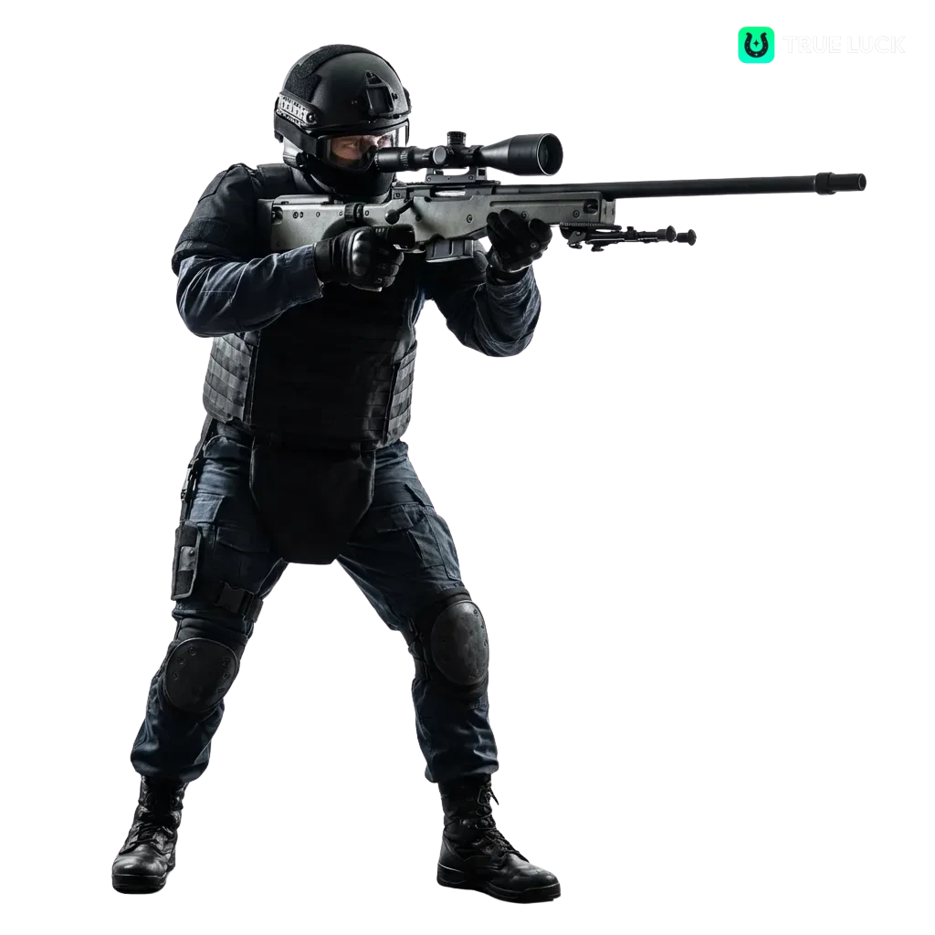 Banner de apuestas CS2 en TrueLuck España con promo de bienvenida y jugador apuntando con rifle en mapa competitivo