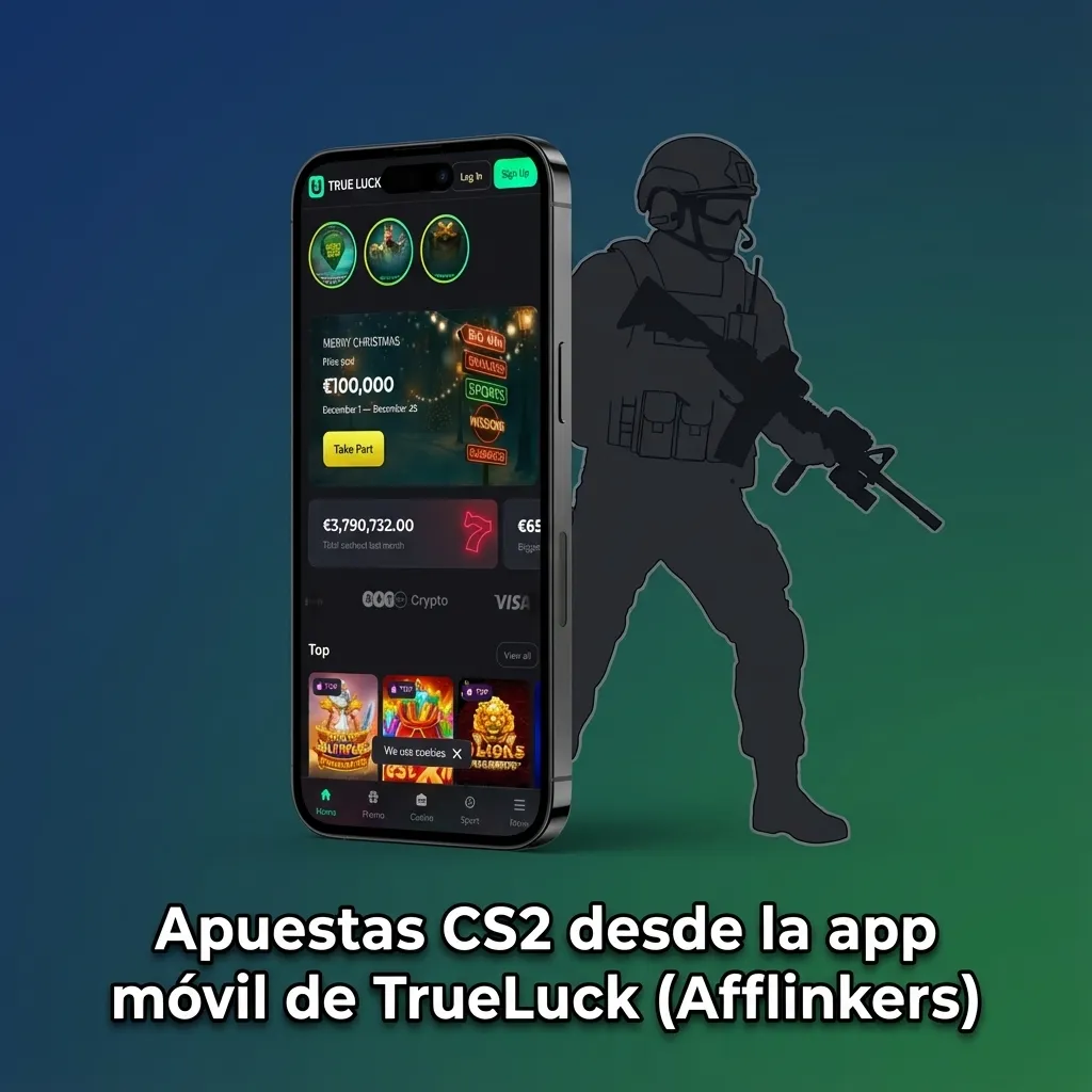 Persona usando app móvil TrueLuck para apostar en vivo a CS2, con pantalla mostrando cuotas y partidos de eSports.