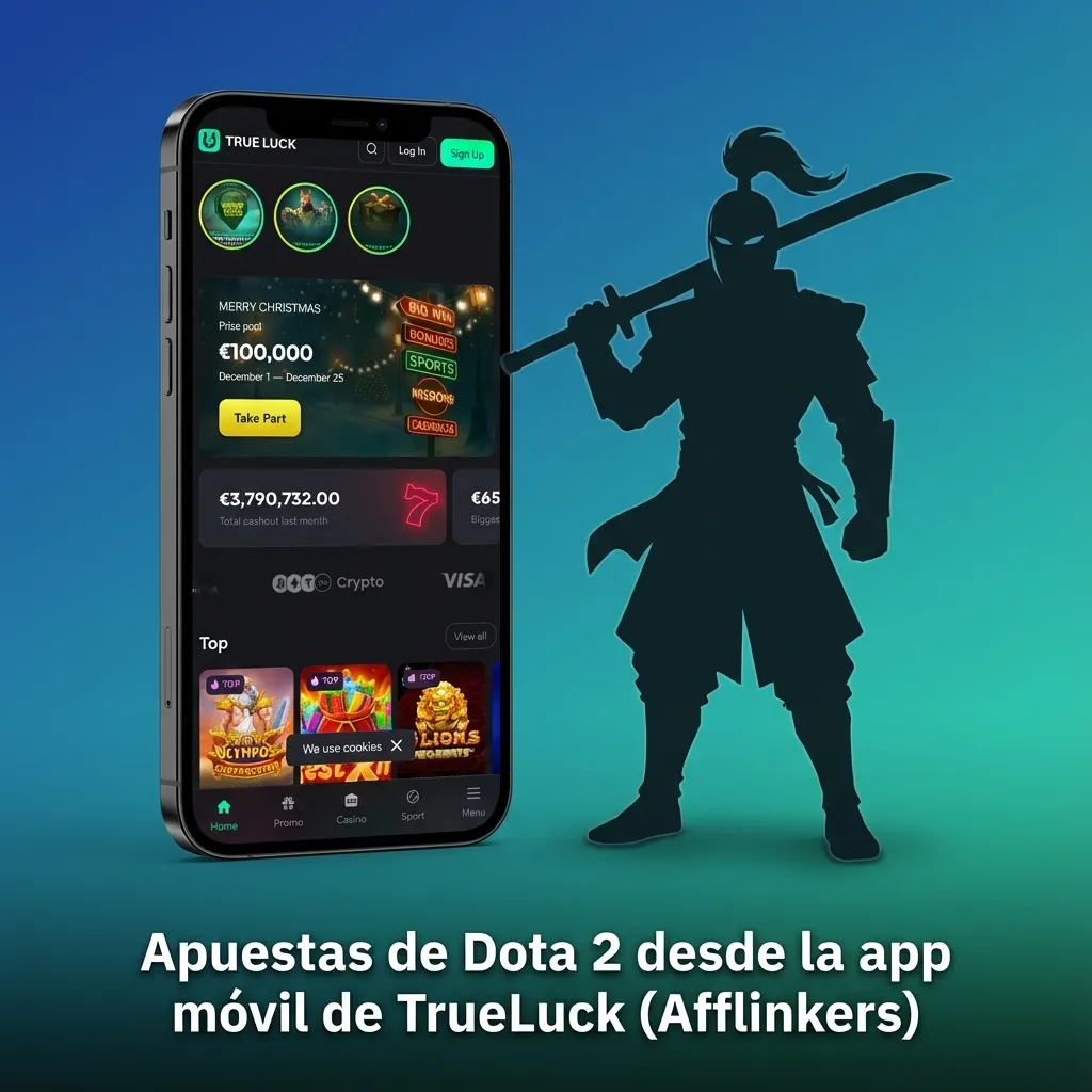 Mano sosteniendo móvil con app TrueLuck mostrando apuestas en directo de Dota 2 y estadísticas en pantalla
