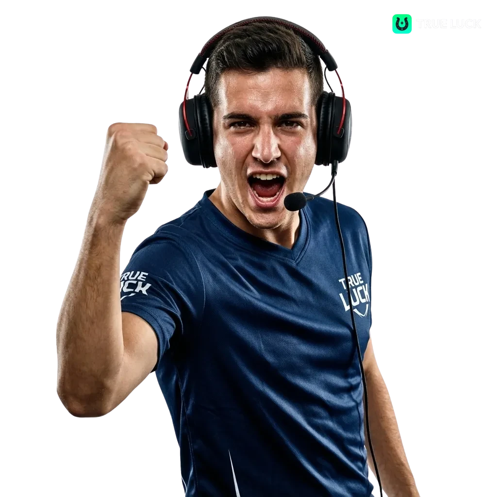 Banner de apuestas eSports TrueLuck España con promo bienvenida 250% y tiradas gratis sobre fondos de videojuegos competitivos