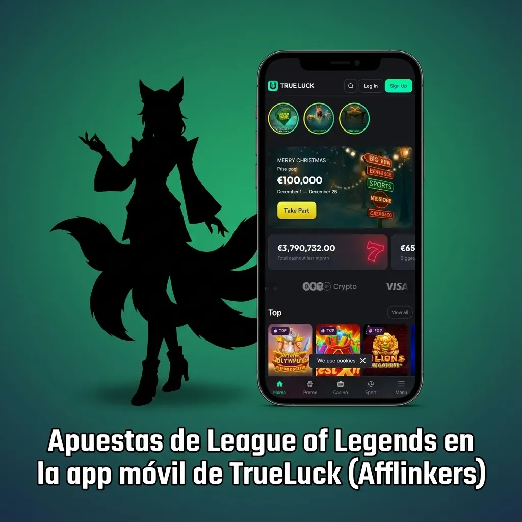 Mano sosteniendo móvil con app de apuestas TrueLuck abierta en partido de League of Legends en directo