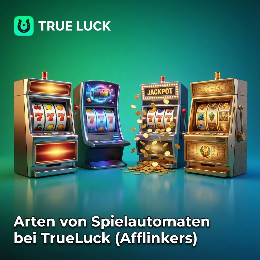 Grafik mit TrueLuck-Slotarten: klassische, Video-, Megaways-, Jackpot-, Cluster- und Früchte-Slots in bunter Casino-Ansicht