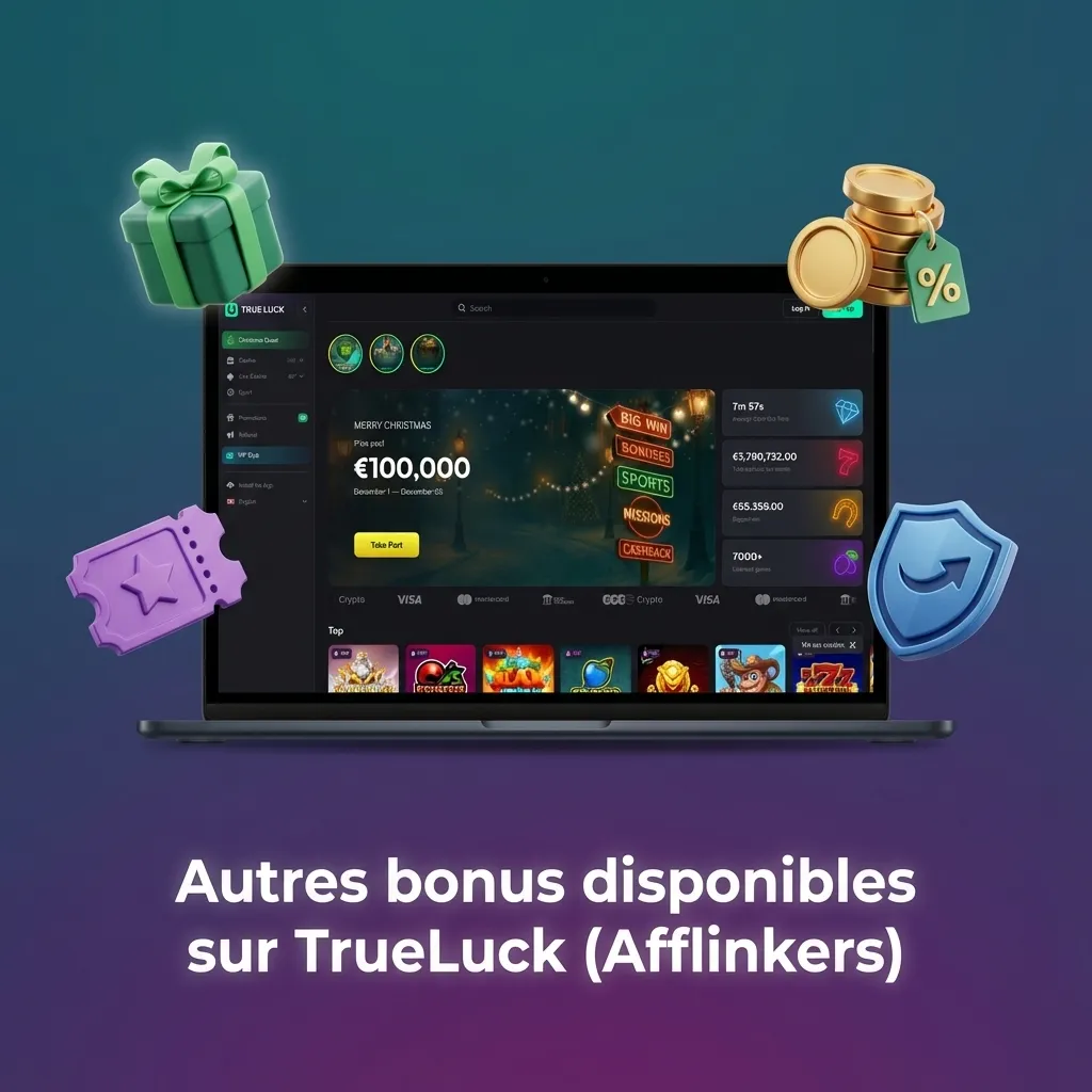 Bannières TrueLuck (Afflinkers) présentant bonus hebdo, free spins, casino live, paris sportifs et programme fidélité