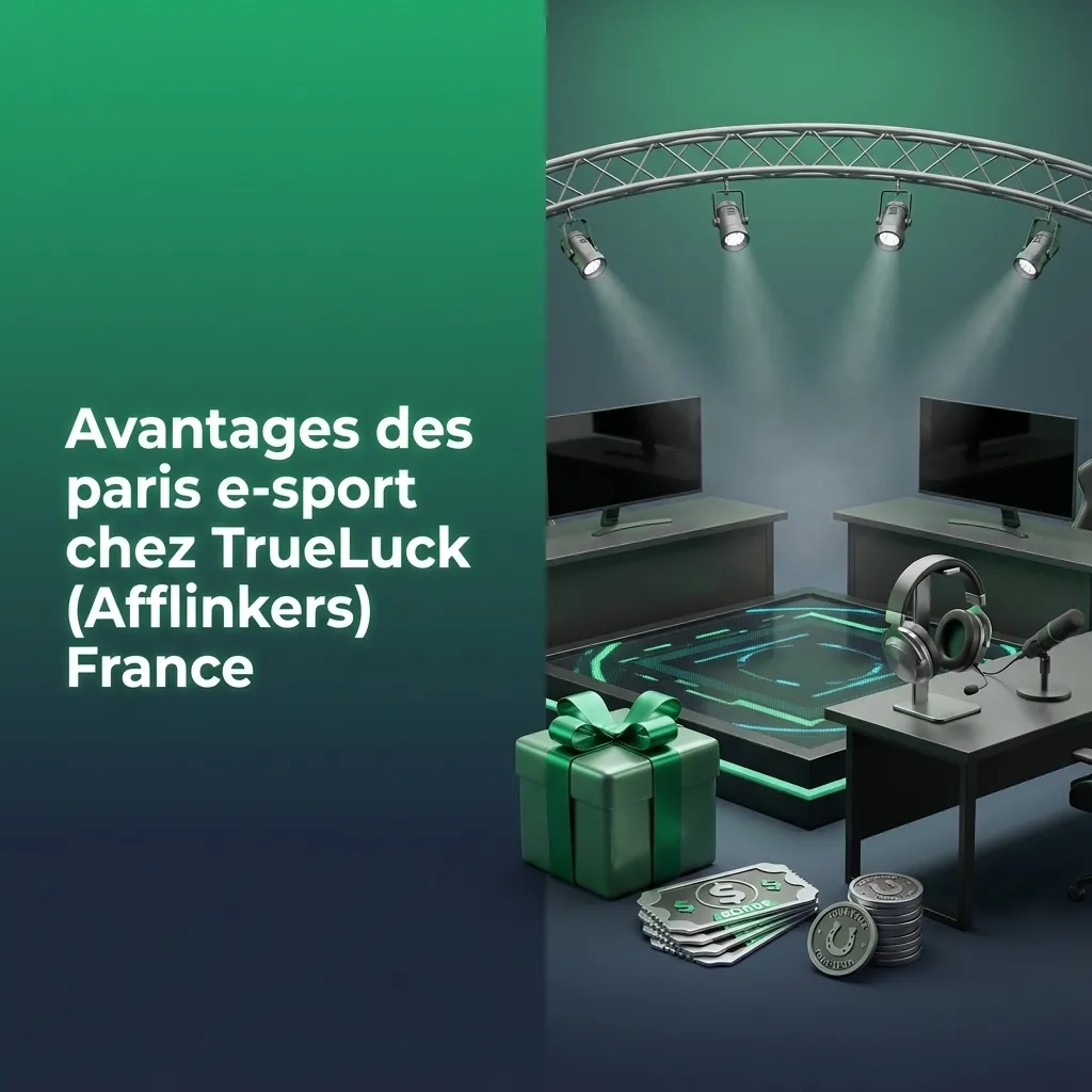 Bannière TrueLuck France présentant les avantages des paris e-sport : bonus, cotes élevées, paiements locaux, support 24/7, mobile.