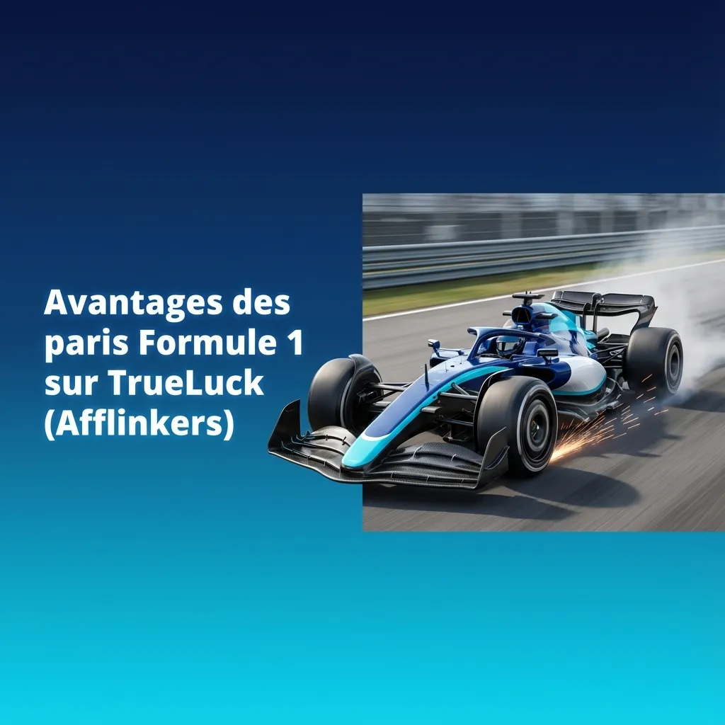 Bannière TrueLuck F1 montrant une voiture de course, cotes en temps réel et icônes de paris sportifs responsables en ligne