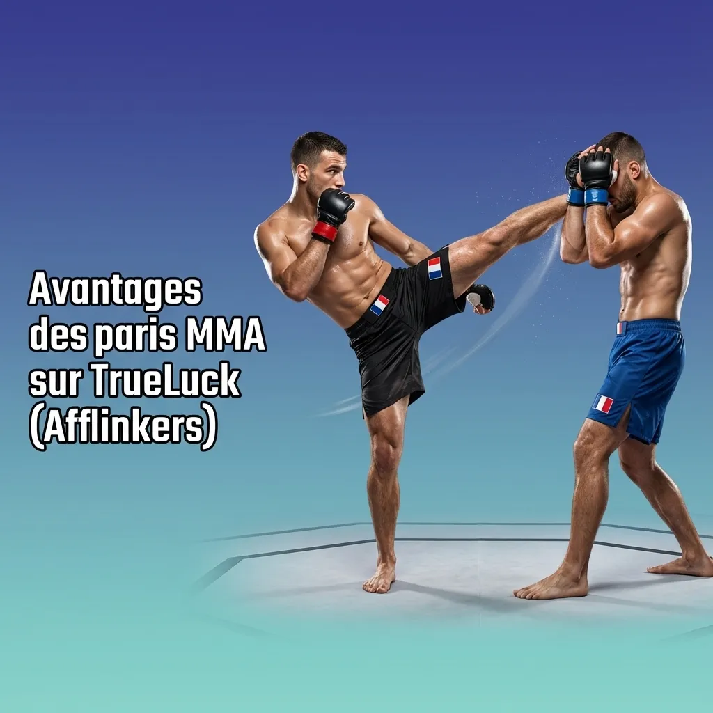 Bannière TrueLuck MMA en français listant choix de combats, cotes compétitives, types de paris, cashout et outils de gestion.