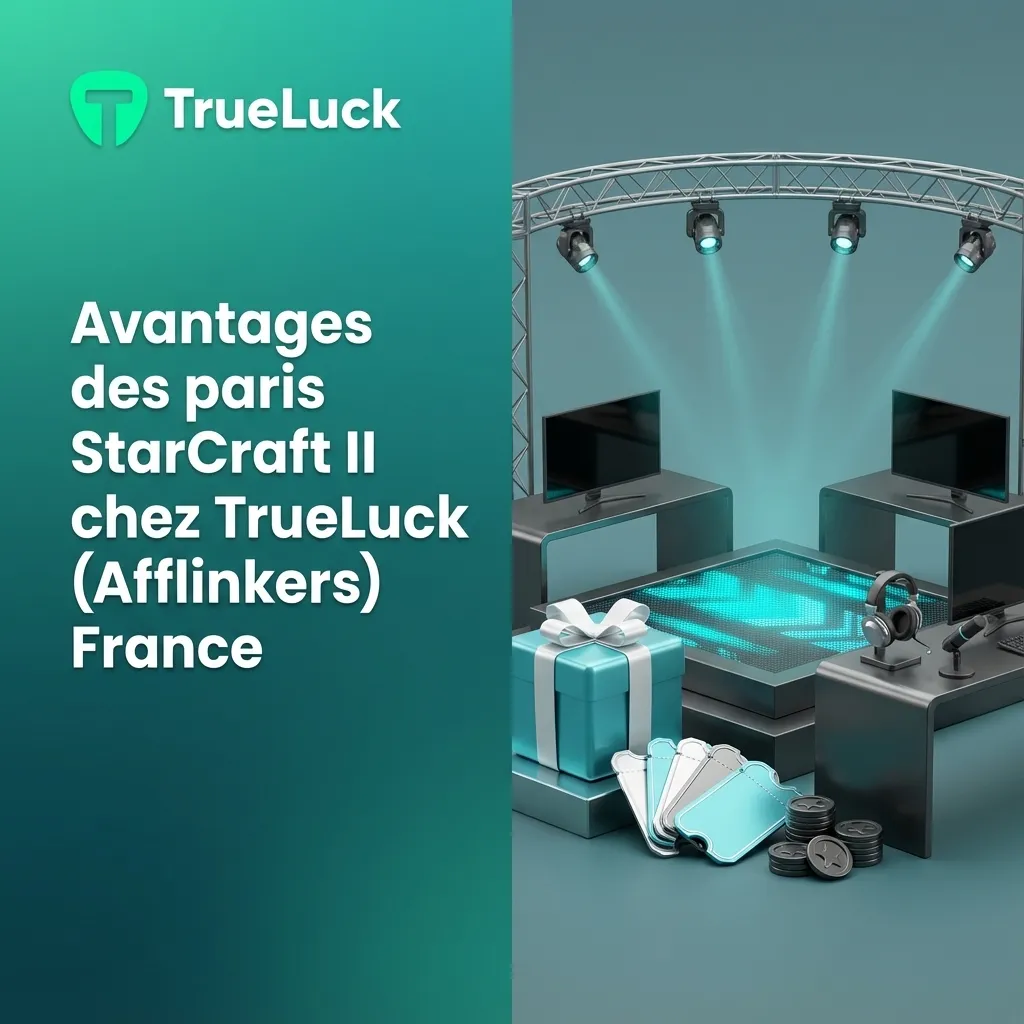 Bannière TrueLuck France mettant en avant les avantages des paris StarCraft II : bonus, cotes, appli mobile et support 24/7