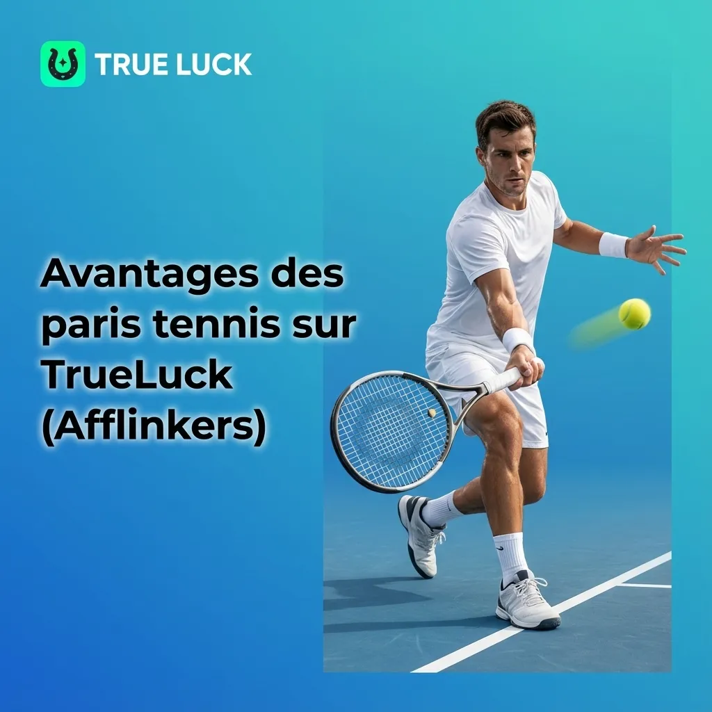 Bannière TrueLuck Afflinkers sur fond de court de tennis, avec texte listant les avantages des paris tennis en ligne