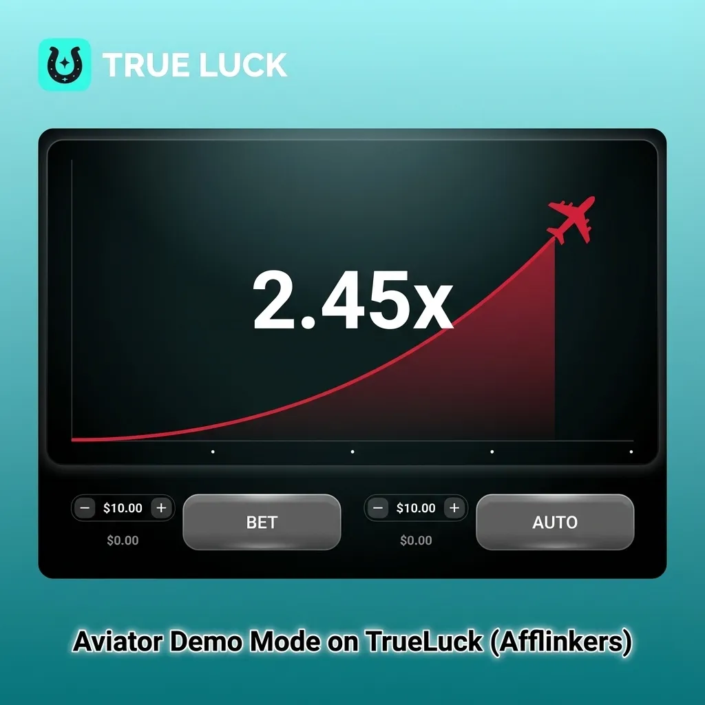 Screenshot of Aviator demo mode on TrueLuck casino, showing plane, multiplier, and virtual credit balance