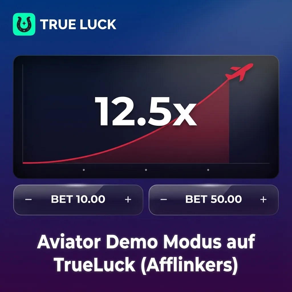 Screenshot des Aviator Demo Modus auf TrueLuck mit rotem Flugzeug, Steigungskurve, Einsatz- und Auto-Cashout-Einstellungen