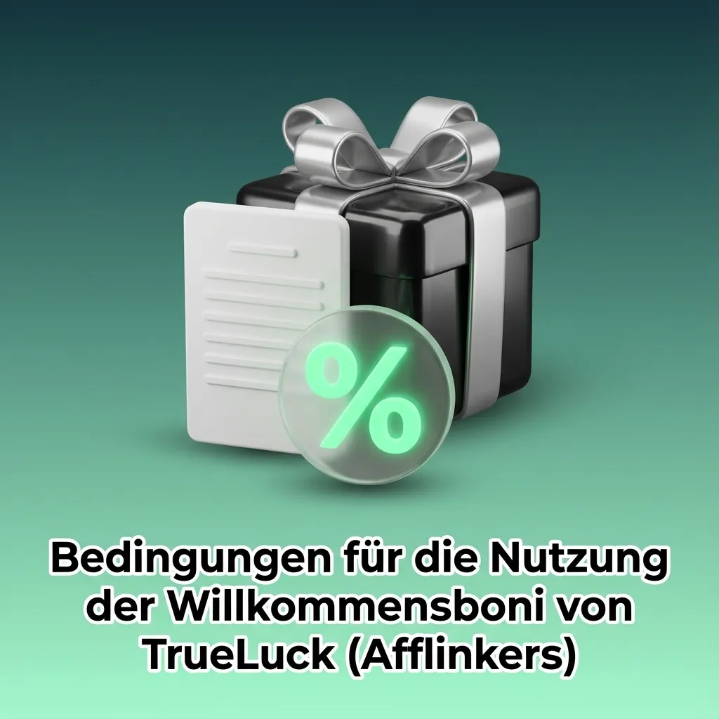 Grafik mit Checkliste der TrueLuck (Afflinkers) Willkommensbonus-Bedingungen und typischen Umsatzanforderungen
