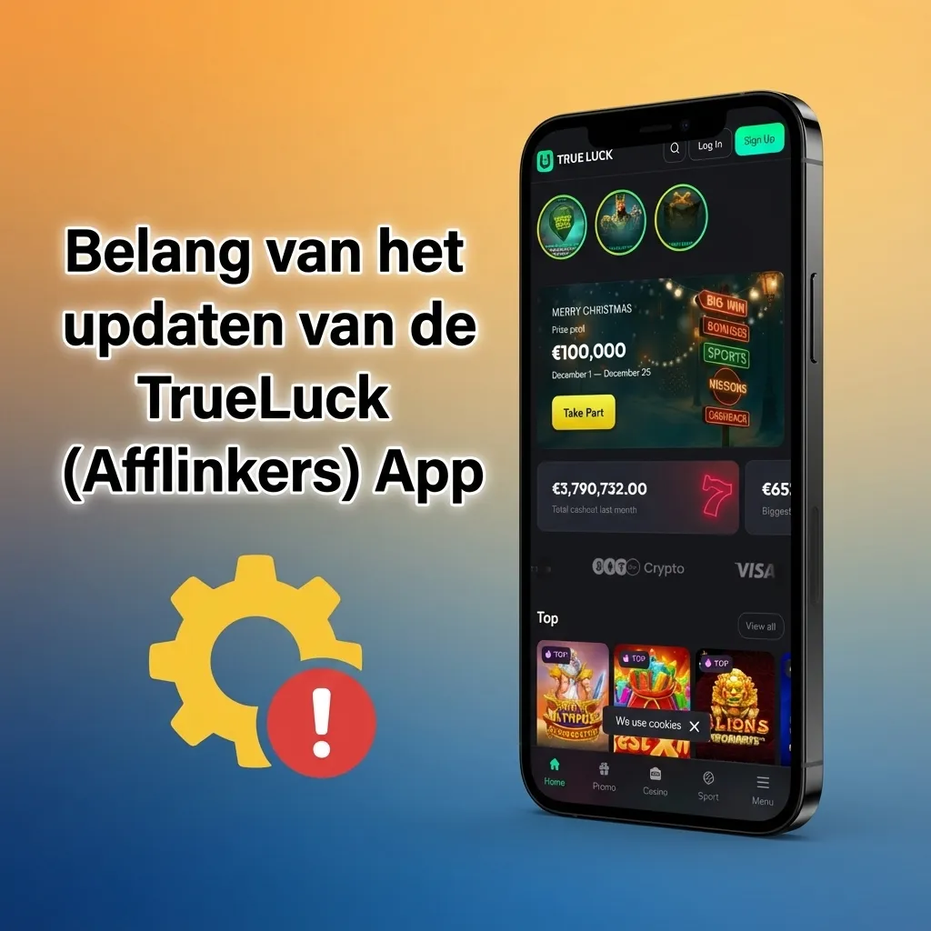Illustratie van de TrueLuck (Afflinkers) app met update-icoon en tekst over veiligheid, nieuwe games en betere prestaties