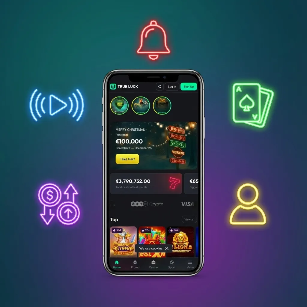 TrueLuck (Afflinkers) iOS app-scherm met Nederlandse interface, eurobedragen, casino- en sportweddenschappen-opties zichtbaar