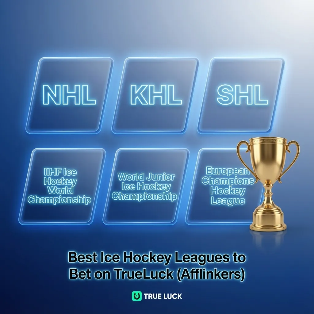 Illustrated ice hockey rink graphic promoting betting on top global leagues like NHL, KHL, SHL, Liiga, and IIHF tournaments