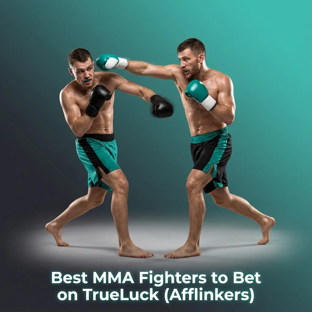 Illustrated MMA betting page on TrueLuck showing star fighters like McGregor, Adesanya, Volkanovski, Usman, Jones, O’Malley, Shevchenko