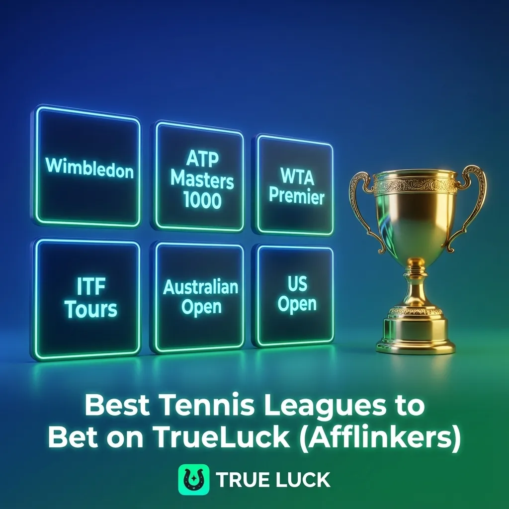 Illustration of tennis tournaments and tours labeled for betting options on TrueLuck, including Grand Slams and ATP/WTA events