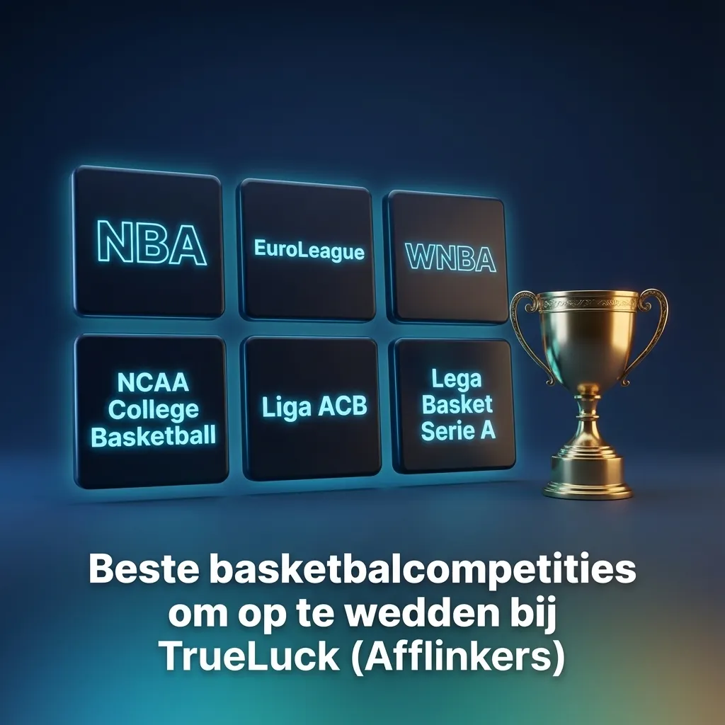 Banner met basketbal, NBA- en EuroLeague-iconen en TrueLuck-logo, met focus op wedden op wereldwijde basketbalcompetities