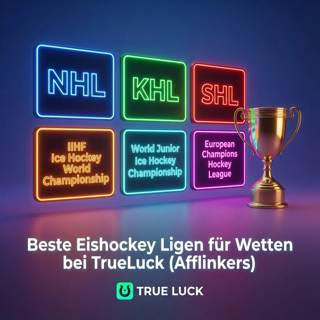Grafik mit TrueLuck-Logo, Liste der besten Eishockey-Ligen weltweit für Sportwetten, inklusive NHL, DEL, KHL und IIHF
