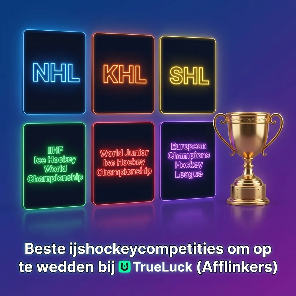 Banner: ijshockeyspelers in actie op ijs, omringd door logo’s van internationale competities en TrueLuck sportsbook interface.