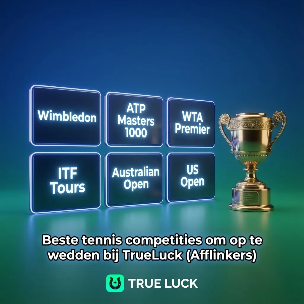 Illustratie van tenniswedden bij TrueLuck met lijst van grandslams, ATP, WTA, Finals en Davis Cup competities