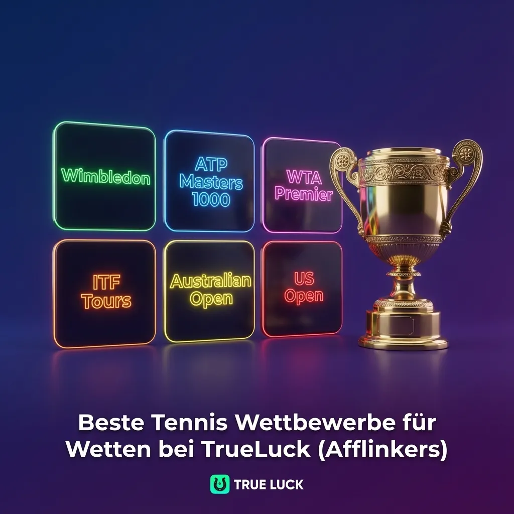 Grafik zu Tenniswetten bei TrueLuck mit Icons für Grand Slams, ATP, WTA und weitere Profiturniere