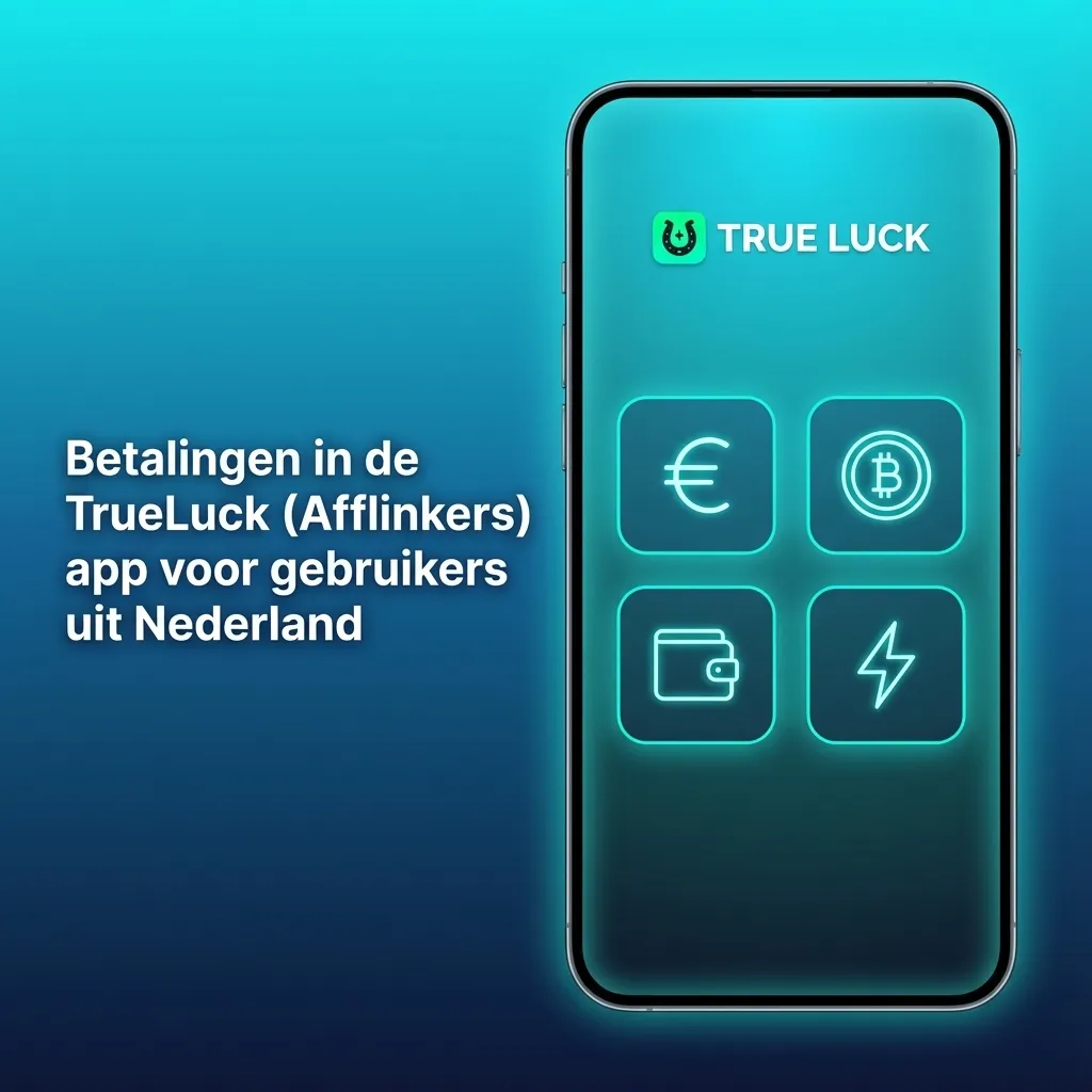 Nederlandse TrueLuck app-betaalscherm met logo’s van banken, kaarten, digitale wallets en cryptovaluta zoals Bitcoin en Ethereum