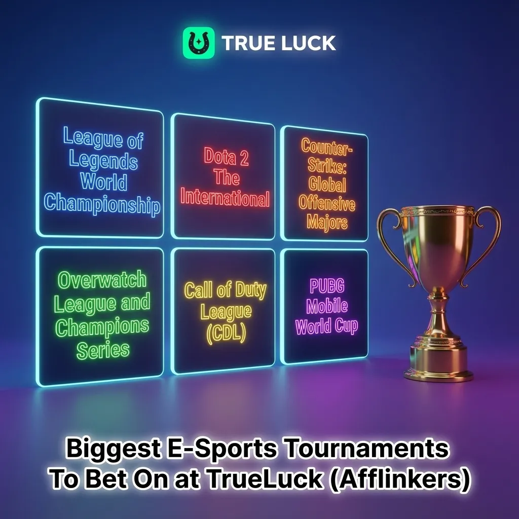 Esports betting graphic showing major Dota 2, CS2, LoL, Valorant, SC2, Overwatch 2, and R6 tournaments listed in a table