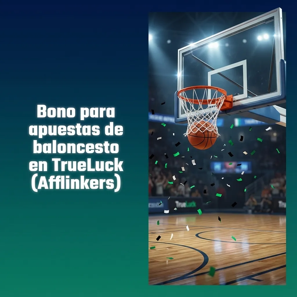 Banner de bono de bienvenida para apuestas de baloncesto en TrueLuck, con jugador encestando y texto promocional en español