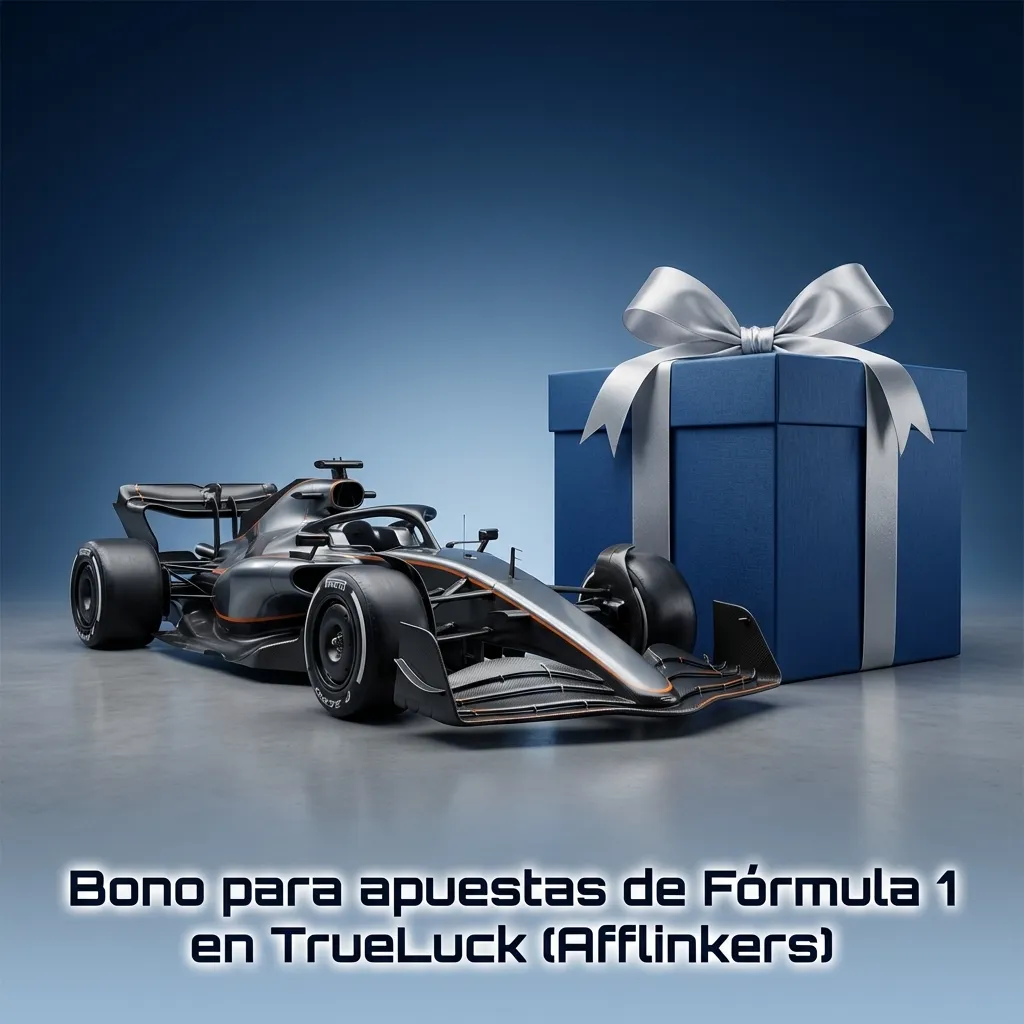 Banner de bono de bienvenida TrueLuck para apuestas de Fórmula 1, con monoplaza y texto promocional sobre condiciones del bono