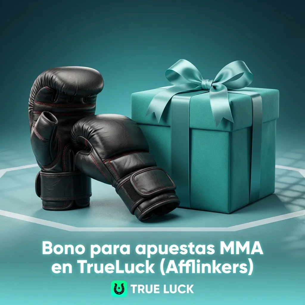 Banner de promoción TrueLuck para apuestas MMA, con luchador en jaula y texto sobre bono de bienvenida y condiciones.