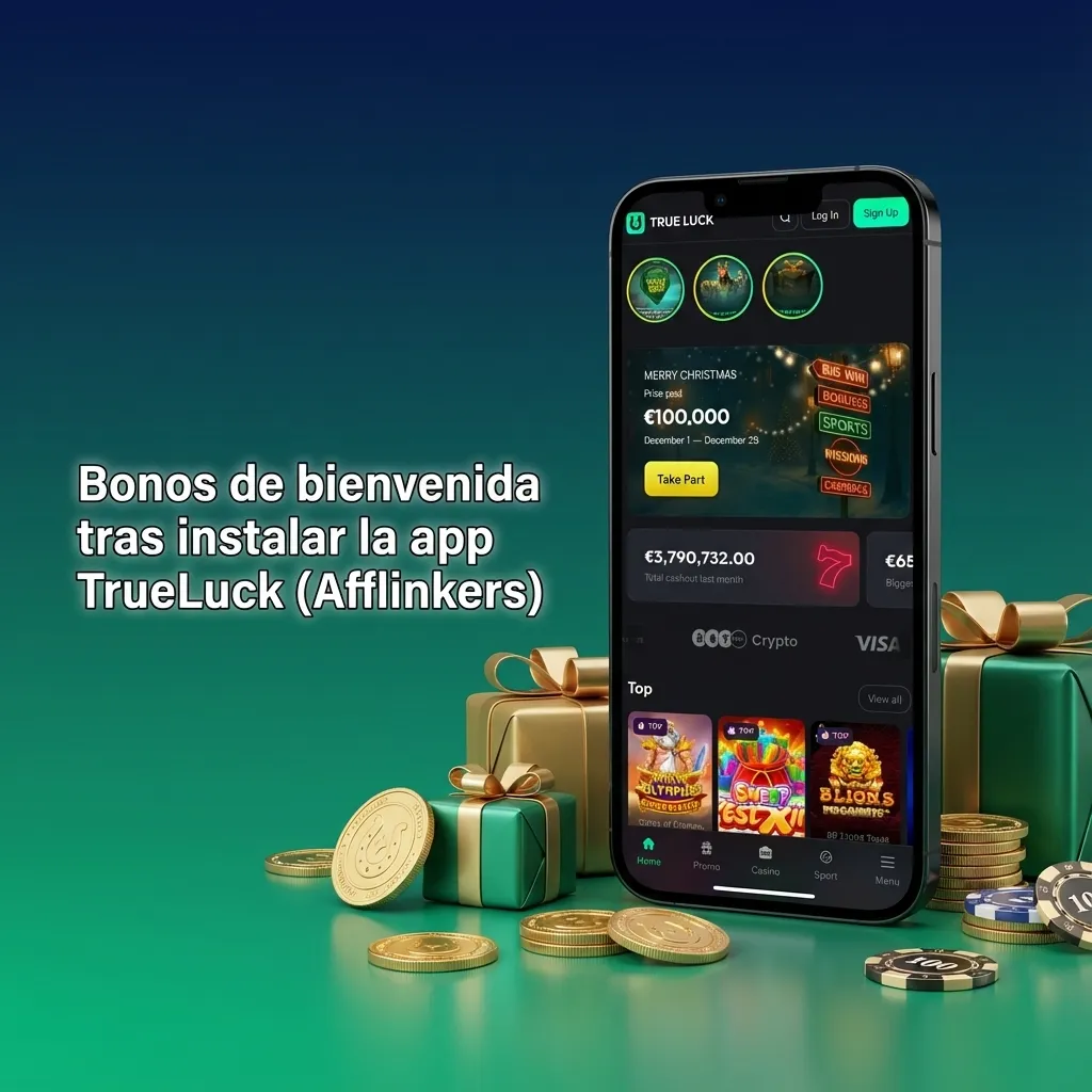 Pantalla móvil de la app TrueLuck mostrando bonos de bienvenida para casino, casino en vivo y apuestas deportivas