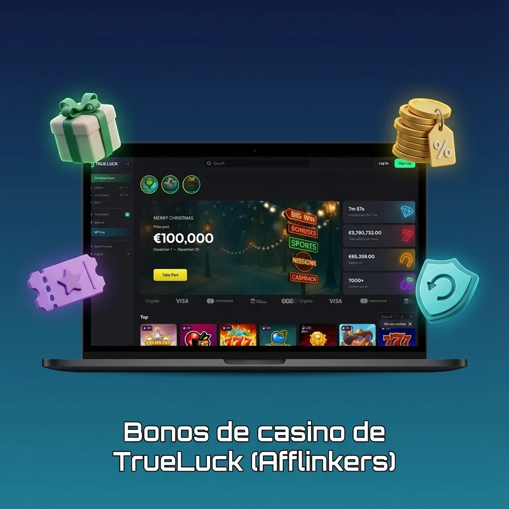 Banner de bonos de casino TrueLuck Afflinkers con promos de bienvenida, recargas semanales y tiradas gratis en slots y ruleta