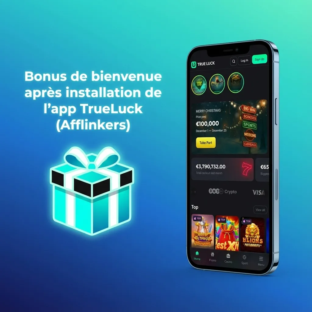 Écran d’iPhone affichant l’app TrueLuck avec bonus de bienvenue casino, paris sportifs et tours gratuits en France