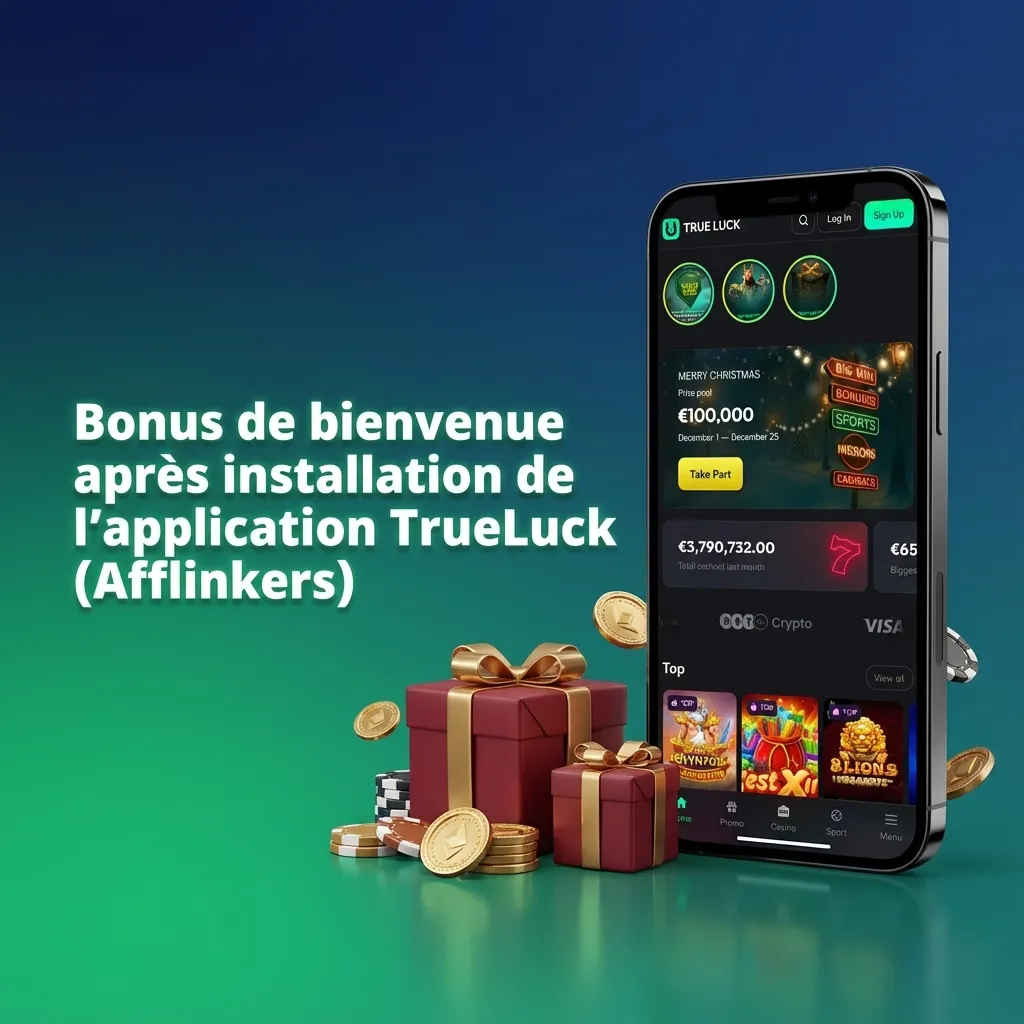 Écran mobile TrueLuck (Afflinkers) montrant le pack de bienvenue avec bonus casino, live et paris sportifs en euros